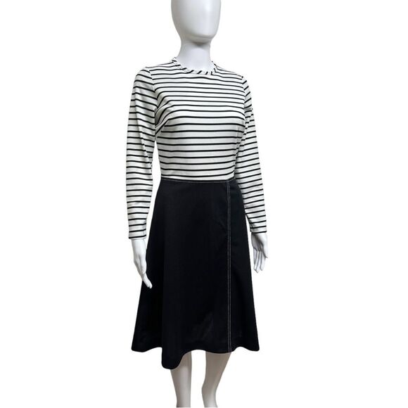 VINTAGE 60s 70s Mod Groovy Black White Polyester Striped Fit & Flare Dress 6 8 S - Picture 5 of 14